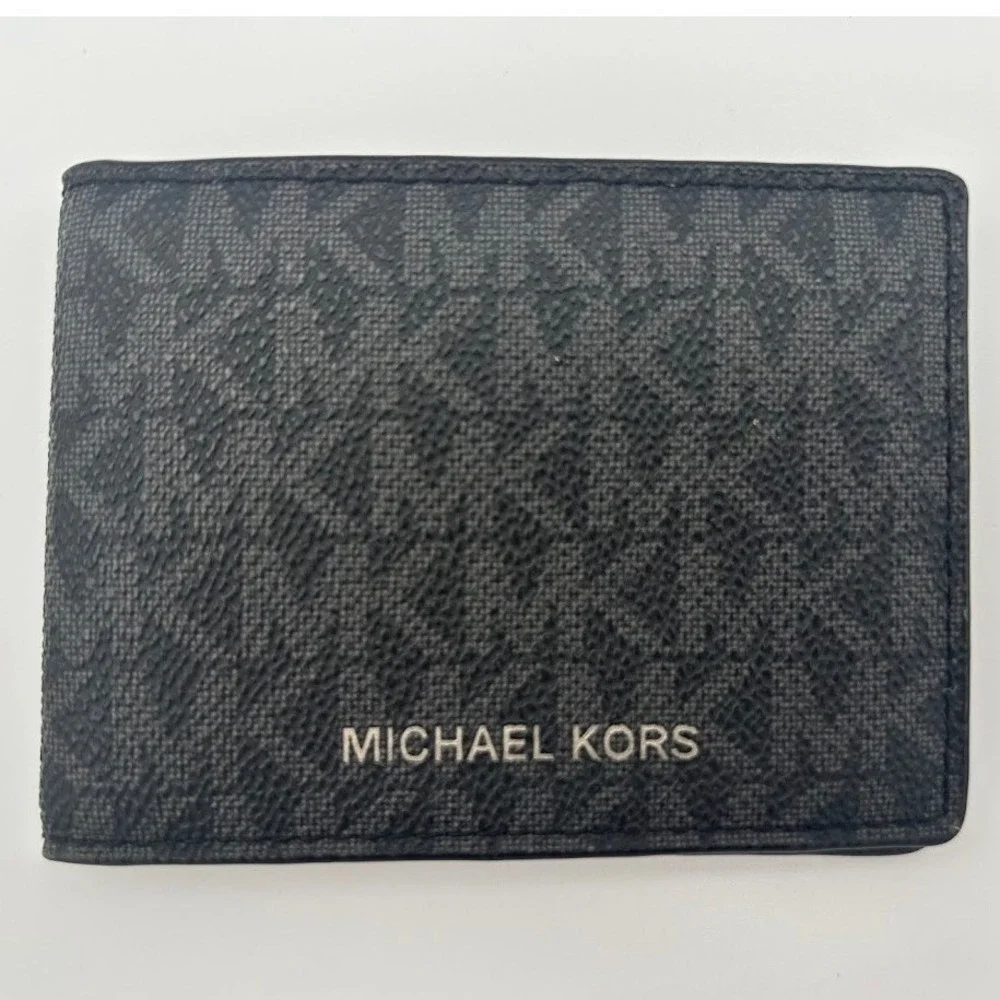 Michael Kors Mens Bifold Wallet Black Grey Signature MK Logo Print Slim